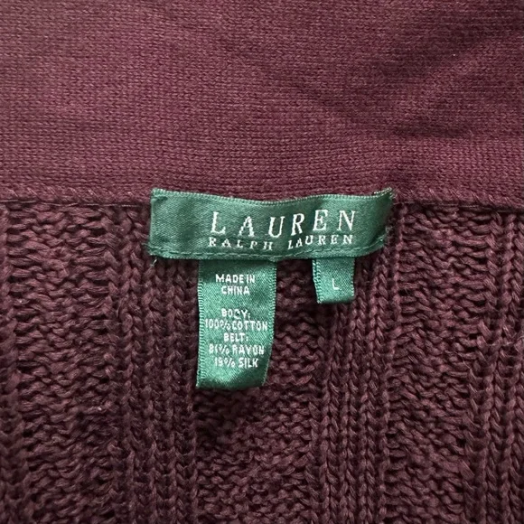Lauren Ralph Lauren Cable Knit Cardigan Velvet Tie Waist SZ Large Quiet Luxury - Picture 2 of 10